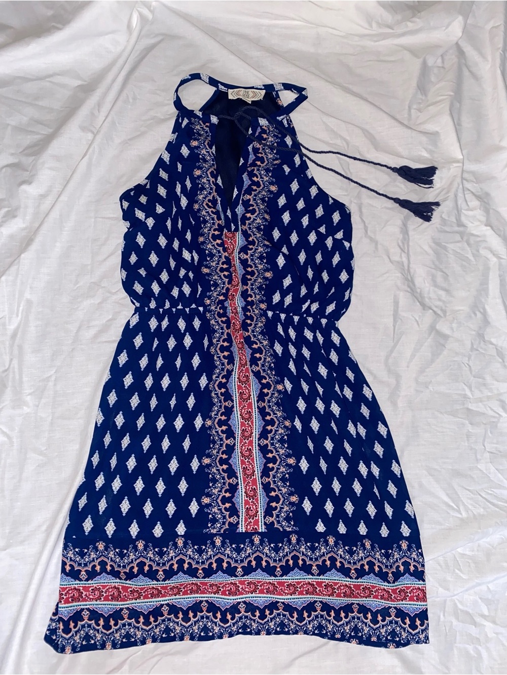 Sleeveless Navy Printed Halter Mini Dress with Tassel Tie